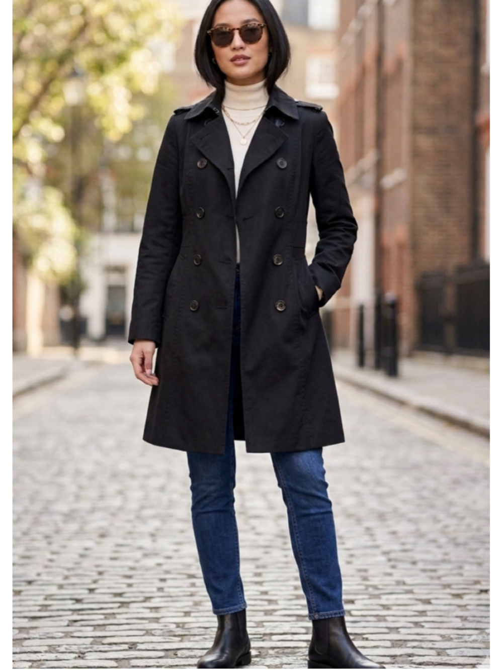 Women's Zara Black Double-Breasted Trench Coat Size M